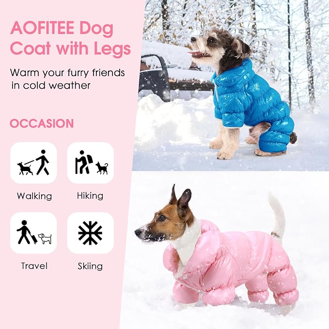 AOFITEE Dog Coat, Waterproof Dog Jacket, Fullbody Dogs Winter Coat Snowsuit, Windproof Puppy Puffer Jacket Snow Suit with Legs, Pet Fleece Winter Vest, Cold Weather Coats for Small Dogs, S