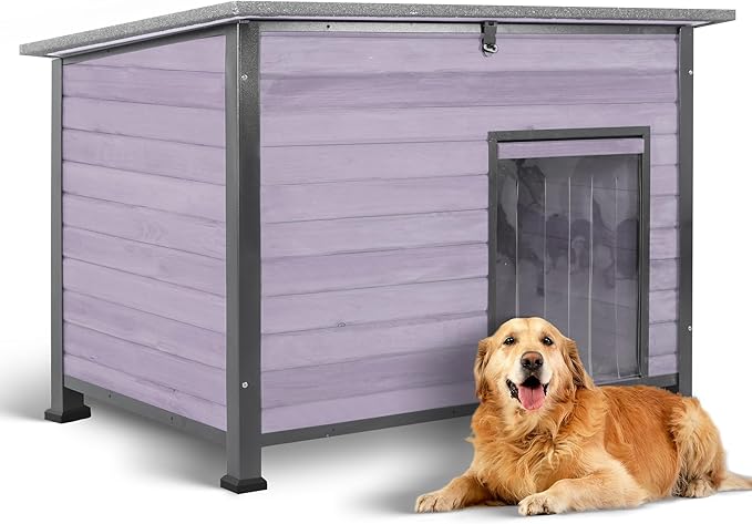 Dog House Outdoor Weatherproof, Sturdy Large Breed Doghouse Anti-Chewing Iron Frames Wood Houses, Dog Shelter for Indoor Puppies, Cats