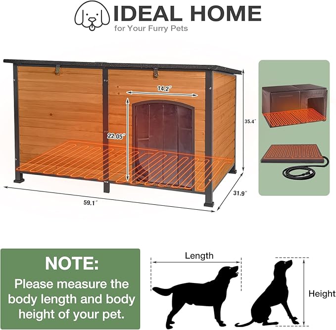 59.1’’ Extra Large Heated Dog House Outdoor for Winter, Insulated Dog Kennel with Metal Frame, Weatherproof Dog Shelter with Heating Pad and All-Around Insulated Liner for Large Breed Outside (Brown)