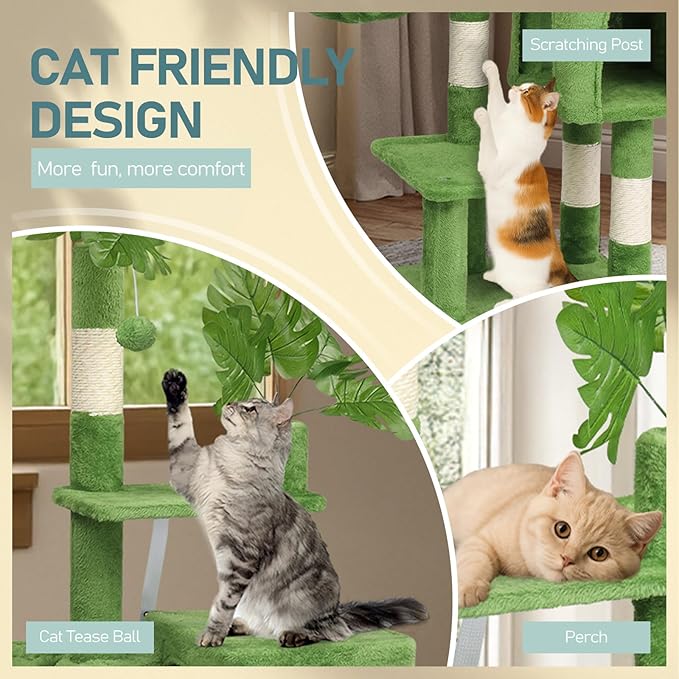 48in Plush Cat Tree with Leaves,Multi-Level Cats Tower,Large Pet Activity Center,with Sisal Scratching Post, Cat Condo, Padded Beds, Cozy Hammock,for Kittens and Indoor Cats (Green)