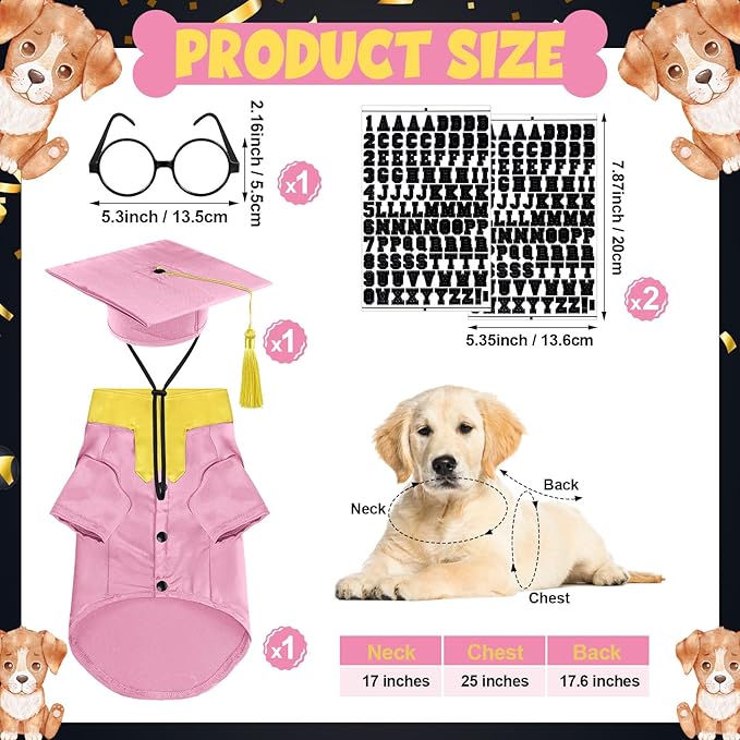 5 Pcs Dog Graduation Costume Set Include 2026 Pet Graduation Gown with Stole Puppy Grad Cap Lensless Glasses DIY Letter Stickers for Dogs Cats Holiday Costume Accessory(Pink Yellow,L)