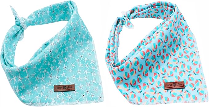 Lionet Paws Summer Dog Bandanas 2 Pack, Blue Washable Dog Triangle Bibs Scarf Dog Kerchief,Adjustable Triangle Holiday Scarves for Medium Large Extra Large Dogs Pets, Ball&StarFish