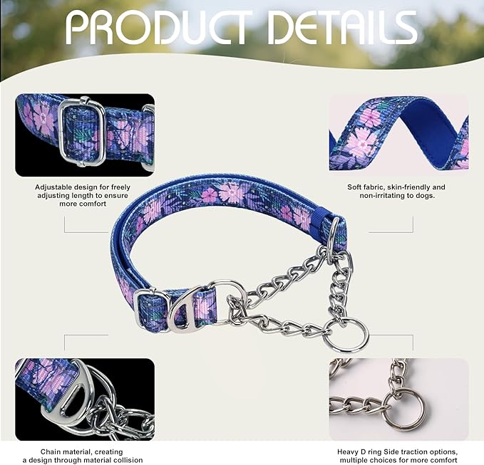 Martingale Dog Collar for Medium Dogs,Heavy-Duty Collar with No Buckle Adjustable Reflective Strap & Chain Martingale Collar for Training & Walks (Boho M)