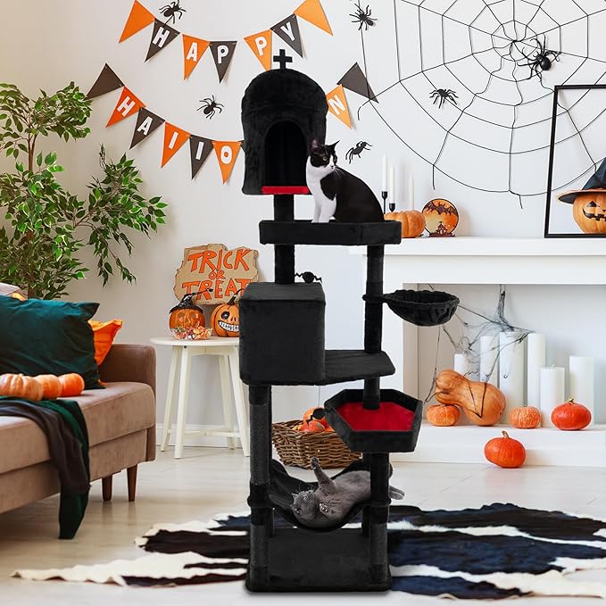 Tangkula Gothic Cat Tree, 83 Inch Tall Cat Tower with Sisal Covered Scratching Posts, 2 Coffin Beds, 2 Cat Condos, Hammock, Basket Bed, Halloween Pet Furniture, Black Goth Cat Tree for Indoor Cats