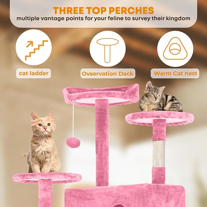 70in Cat Tree for Indoor Cats, Cat Tower with Cat Scratching Post, Multi-Level Cat Furniture, Cat Tower with Funny Toys for Kittens-Pink
