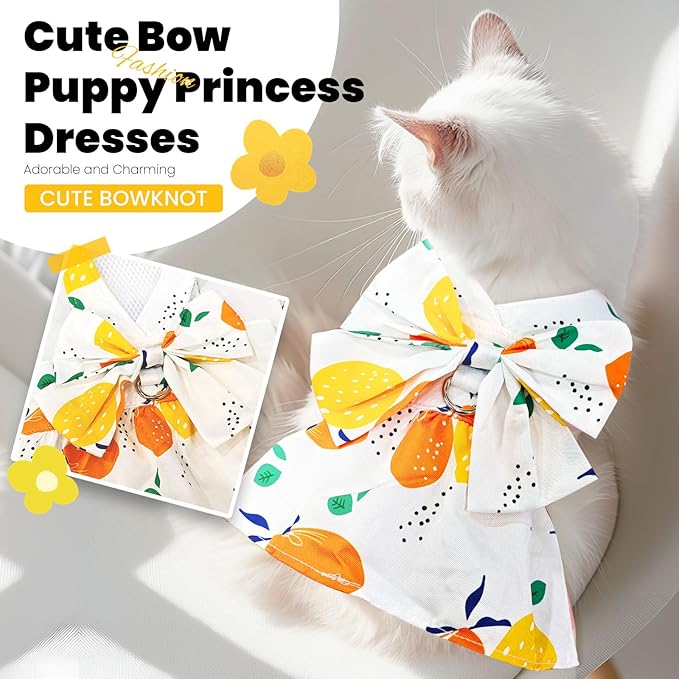 Cute Dog Dress Small Dog Clothes for Girls Female Puppy Outfits Yellow Lemon Pet Summer Clothes Bowknot Doggy Cat Princess Dress Harness for Holiday Birthday Party Costume Clothing (Yellow,S)