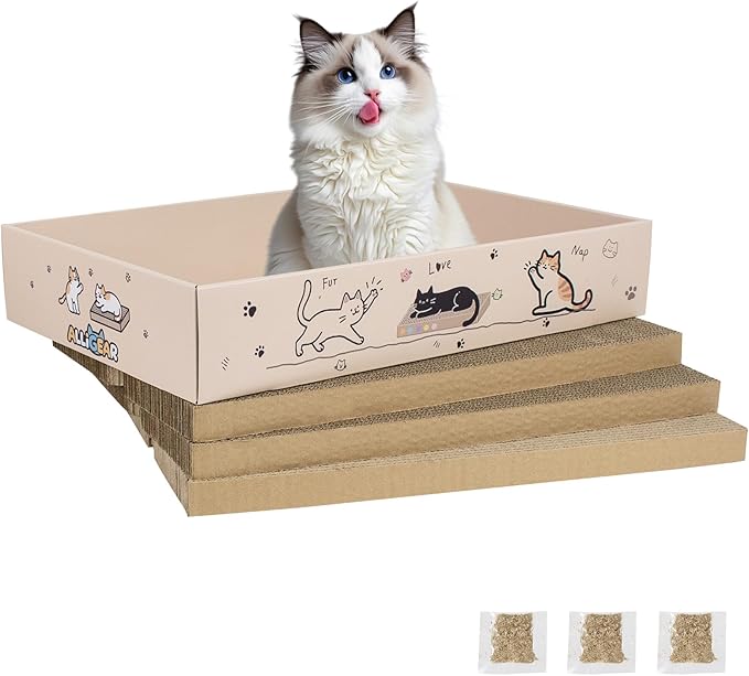 Large Cat Scratcher Pad with Box, Reversible Corrugated Cardboard Scratch Pad, Kitten Scratching Board with Catnip, Durable Recycle Scratching Pads