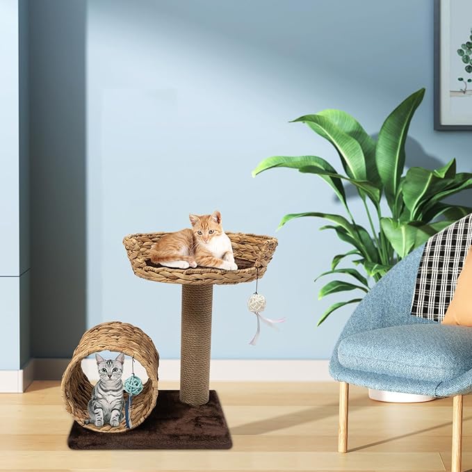 Double-Decker Cat Tree with Cat Tunnel & Perch, Sisal Scratching Post & Toy Balls, Modern Brown 15.7x12.2x19.7inch, Space-Saving Design
