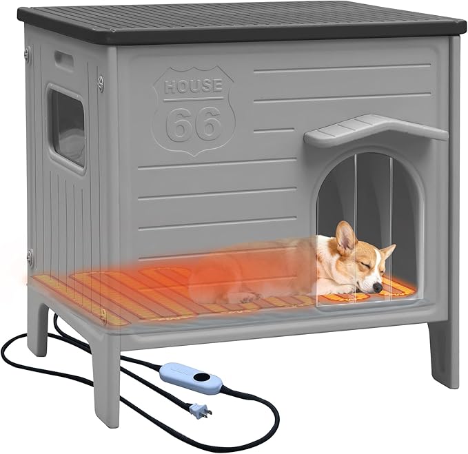 Heated Dog House for Outside Weatherpoof Plastic Dog Houses Outdoor Indoor Waterproof Feral/Pet Dog Shelter for Medium and Small Dogs (Grey)