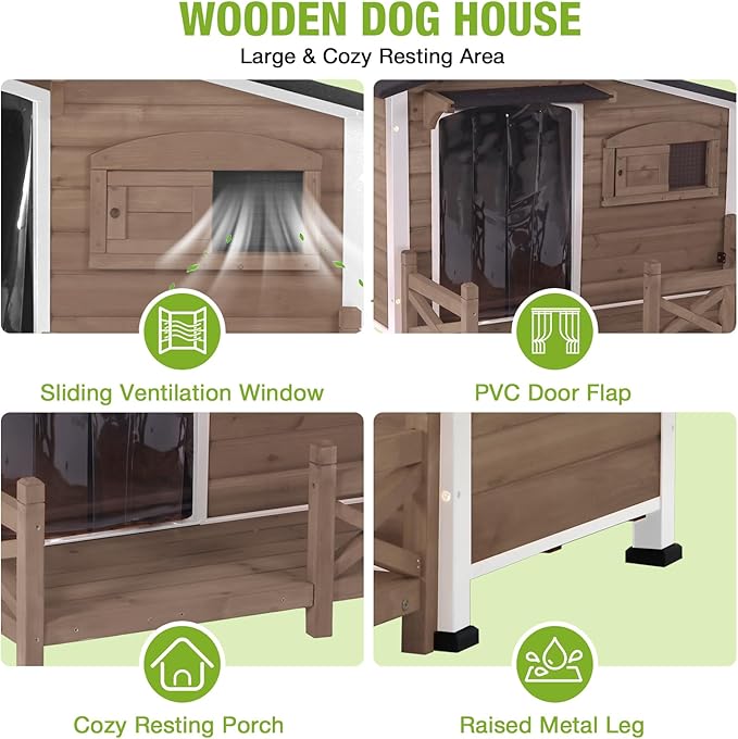 GUTINNEEN Outdoor Wooden Dog House with Metal Frame, Porch and Ventilation Window, Weatherproof Shelter for Small to Medium Dogs, 44.6" L x 41.1" W x 32.9" H (Dark Brown)