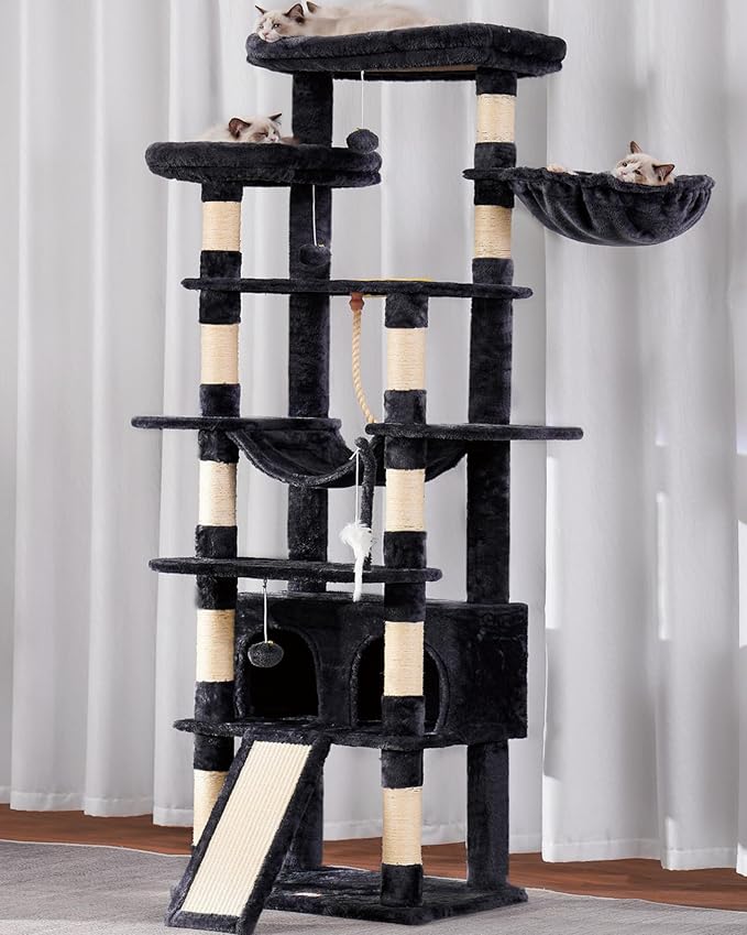 Heybly Tall Cat Tree, 78-inch Multi-Level Cat Tower for Indoor Cats, 2 Widened Plush Perches Cat Condo with Scratching Board and Big Caves, Smoky Gray HCT033G