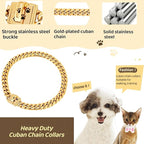 Gold Chain Dog Collars 15MM Stainless Steel Cuban Link Chain Collar with Secure Buckle Design, Metal Walking Training Collars, Chew Proof, Suitable for Small Medium Large Dogs (Gold,14'')