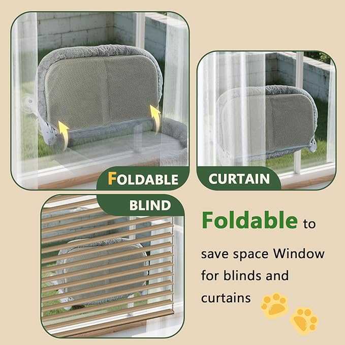 Cat Window Perch with 6 Strong Suction Cups,Mats that can be Switched Between Winter and Summer, Foldable Cordless Cat Beds Can Bear 50LBS Weight (White)