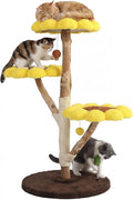 Morden Cat Tree for Indoor Cats, Aesthetic Cat Tree w/Natural Solid Wood Scratching Post, Sunflower Cat Tower with 2 Hanging Toy Ball for Multi-Cat Households, 3 Flower Perches