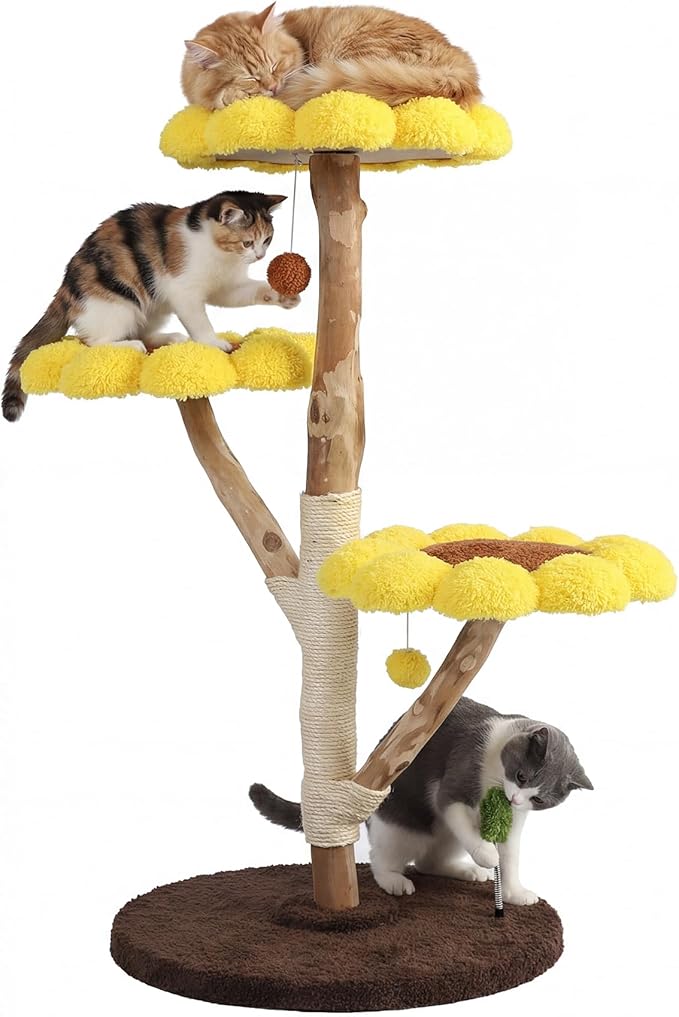 Morden Cat Tree for Indoor Cats, Aesthetic Cat Tree w/Natural Solid Wood Scratching Post, Sunflower Cat Tower with 2 Hanging Toy Ball for Multi-Cat Households, 3 Flower Perches