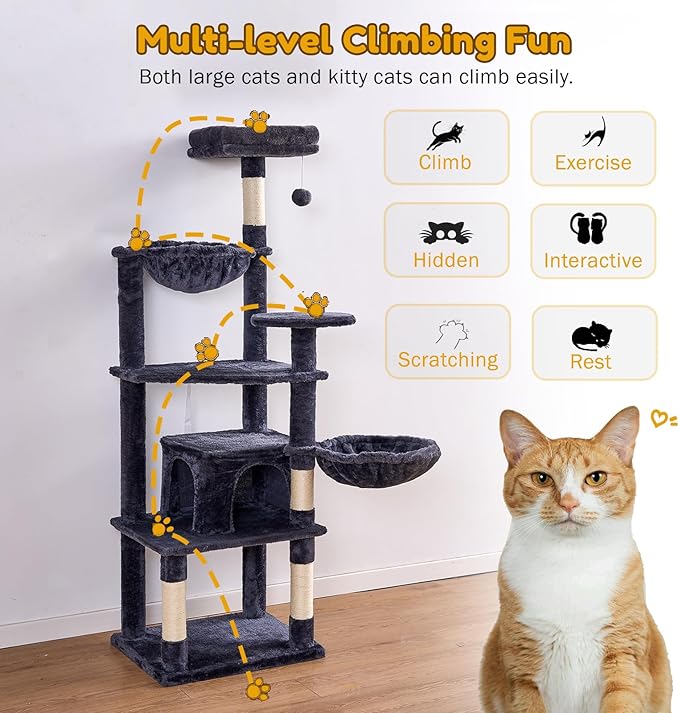 Tall Cat Tree,63 Inch Cat Tower for Indoor Adult Cats,Large Cat Stand with Scratching Post,2 Baskets,Plush Perch,Dark Gray