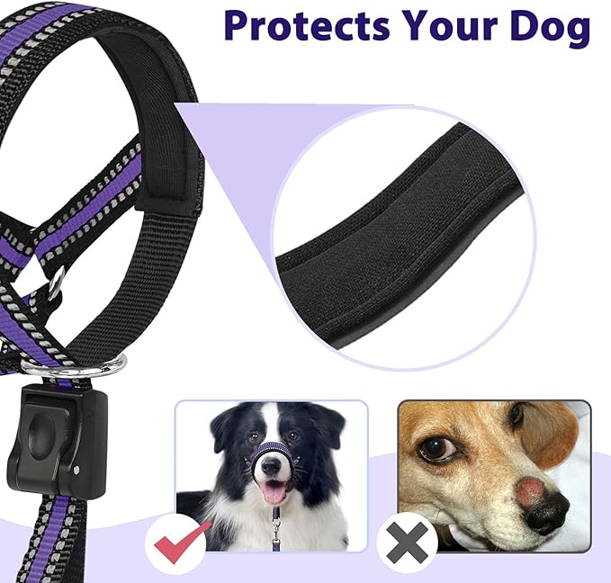 BARKLESS Soft Dog Head Collar, Patented Padded No Pull Head Halter, Training Nose Leash with Safety Link for Medium Large Dogs, Adjustable Muzzle Leash, Easy Control for Walking (XL, Purple)