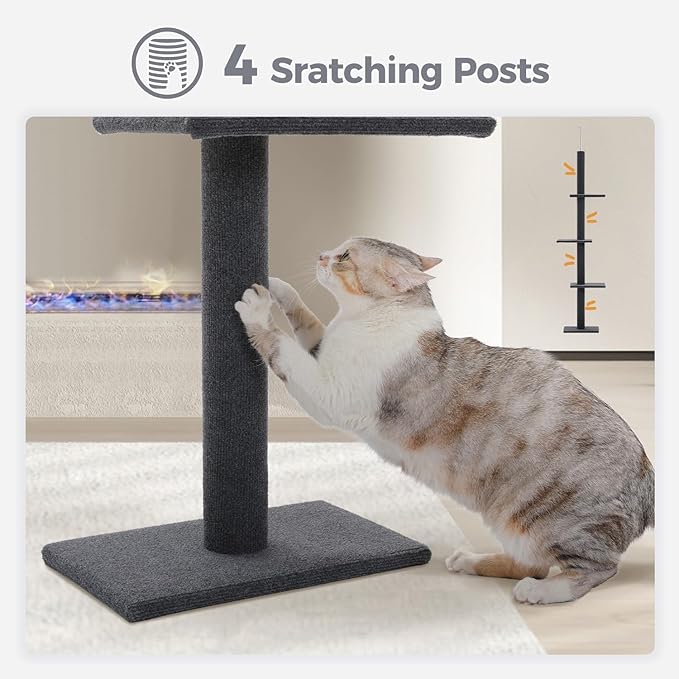 PAWZ Road Floor to Ceiling Cat Tree, Adjustable Height 89.8"-107.5" Tall Cat Tower with 3 Spacious Platforms, 3 Dark Grey Scratching Post for Indoor Cats