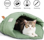 Cat Sleeping Bag,Linen Fabric Cat Bed Cave Leaf Nest Pet Cuddle Zone Covered Hide Hood Burrowing Cozy Soft Durable Washable with Non-Slip Bottom for Indoor Puppy and Kitten (Green)
