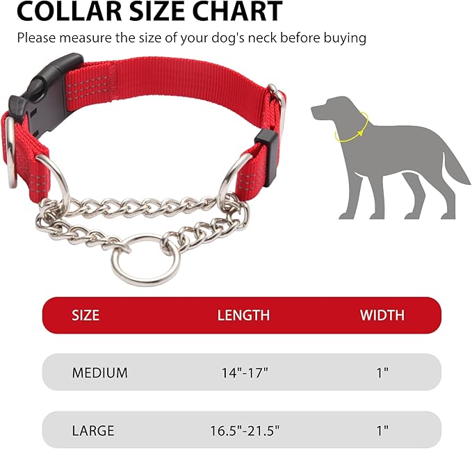 Martingale Dog Collar with Quick Release Buckle Steel Chain No Pull Training Reflective Collar for Medium Large Dogs(Red, Medium)