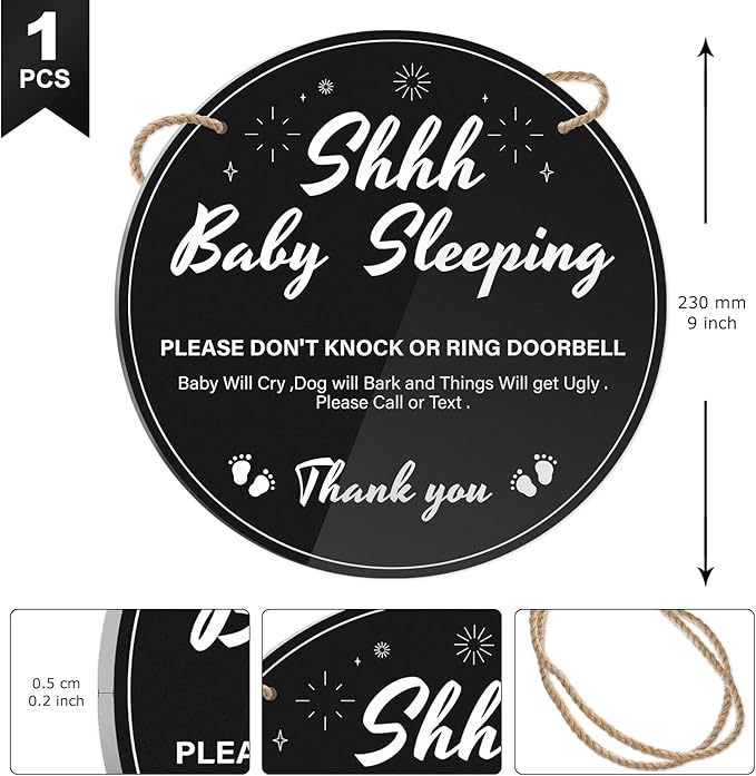 Shhh Baby Sleeping Sign for Front Door 9 inch Durable Acrylic Do Not Knock or Ring Doorbell Sign with Rope No Knocking Door Signs for New Parents Homes with Pets Nap Time Nurseries