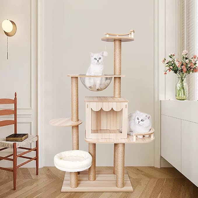 Cat Tree, L21.6*W15.7*H60in Wooden Cat Climbing Tower for Indoor Cats, Multi-Layer Cat Condo with Scratching Post, Cat House, Transparent Capsule, Holds 15kg/33lbs