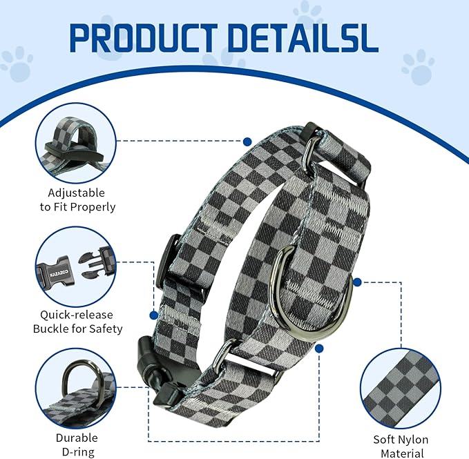 Kazazoo Martingale Collar for Dogs with Quick Release Buckle Adjustable Soft Durable Dog Collar for Small Medium Large No Pull Training Dog Collars-Black&Grey XL
