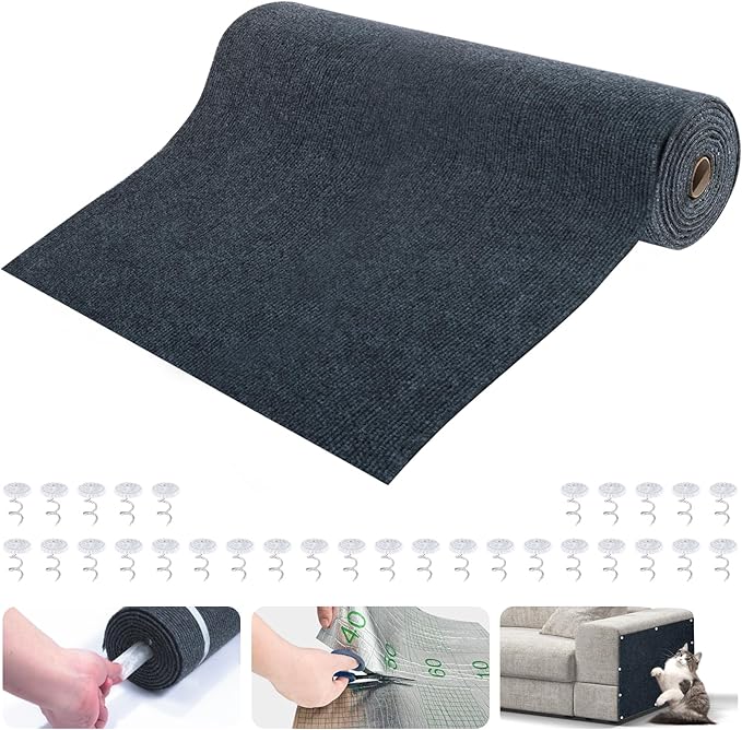 Large Cat Scratching Mat, 118"x15.8" Self-Adhesive Cat Scratch Furniture Protector, Trimmable DIY Cat Wall Climbing Carpet, Cat Couch Protector, Cat Scratching Pad Replacement (Dark Gray, 30 Nails)