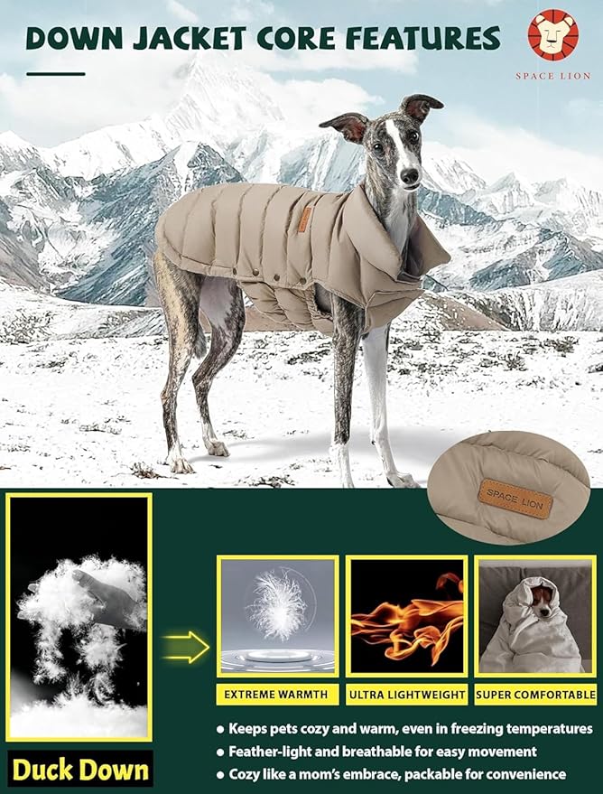 SPACE LION Dog Puffer Jacket, Down Winter Coat, Durable Outdoor Coat for Cold and Windy Conditions, Lightweight & Adjustable Fit Coats for Medium Dogs, (Camel, Size 14 Gift Box)
