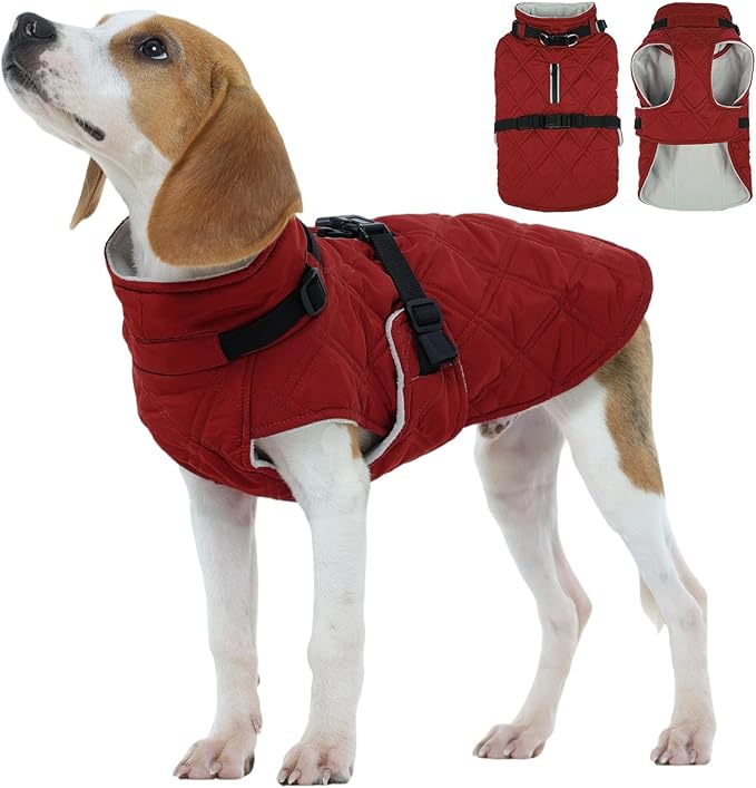 Kuoser Dog Coat Warm Fleece Lining Turtleneck Dog Jacket with Harness Built-in, Adjustable Windproof Cold Weather Coats with Quick Release Buckle Pet Winter Snowsuit for Small Medium Dogs, Red M