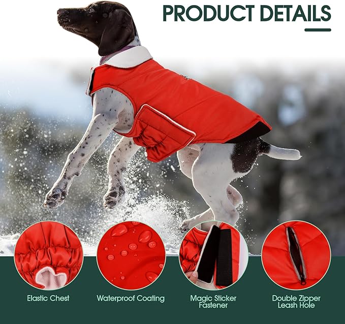 Kuoser Dog Coat Medium, Cold Weather Reflective Waterproof Dogs Jacket with Warm Fleece Lining, Turtleneck Dog Winter Coat with Zipper, Doggy Snow Jacket Pet Coats for Small Medium Large Dogs, Red M