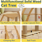 Wood Cat Tree Tower for Indoor Cats with Scratching Posts, Modern Cat Tree Cat Condo, Hammock, and Climbing Web Cat Track Toy with Spinning Balls, 15.7in Full Sisal Scratching Posts