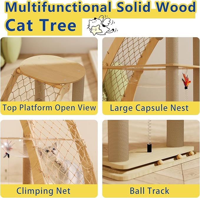 Wood Cat Tree Tower for Indoor Cats with Scratching Posts, Modern Cat Tree Cat Condo, Hammock, and Climbing Web Cat Track Toy with Spinning Balls, 15.7in Full Sisal Scratching Posts