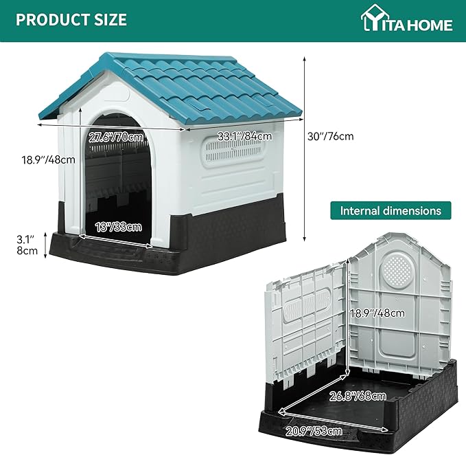 YITAHOME Dog House Outdoor Plastic Doghouse Water Resistant Pet House with Adjustable Skylight and Elevated Base for Small, Medium, and Large Dogs