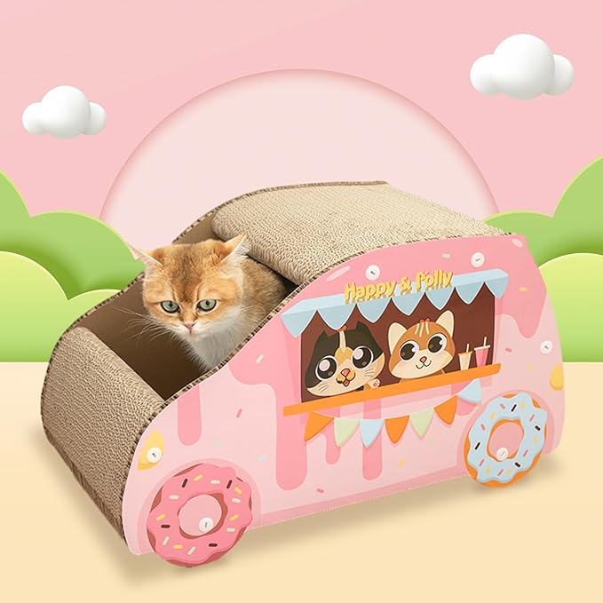 Happy & Polly Cat House Pink Car Cat Scratcher for Small and Medium Cats Sturdy Cardboard Cat Condo, Bed, Toys, Cat for Indoor 21.9" ×12.5" × 11.8"