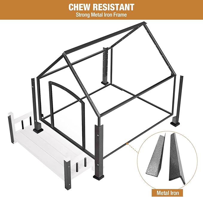 Dog House with Anti-Bite Metal Iron Frame Outdoor Wooden Dog Kennel Indoor Puppy Shelter for Small Medium Large Dogs Weatherproof(Off-White)