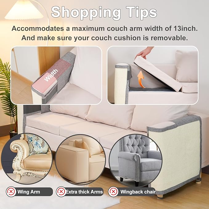 Uross Natural Sisal Cat Couch Protector Scratch Furniture Protector- Couch Protector from Cat Claws, Anti Couch Corner Sofa Protectors Furniture Scratch Guards for Cats - Left