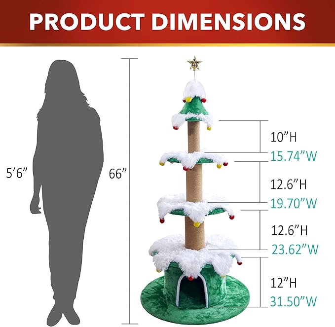 Cat Christmas Tree Multi Level Cat Tower with Scratching Posts Plush Condos and Holiday Cat Furniture Design Available in Multiple Styles and Sizes (Noble Fir, 66" H)