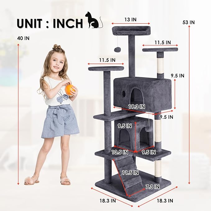 Cat Tree 53 inches Cat Tower for Indoor Cats Cat House with Replaceable and Removable Dangling Ball Cat Trees and Towers with Funny Toys, ASHY
