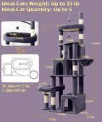Heavy Duty Cat Tree for Indoor Cat, 74 Inch Cat Tower with Scratching Post, Hanging Basket, Cat Condo with Large Platform for Large Cats, PMT04DG, Dark Grey