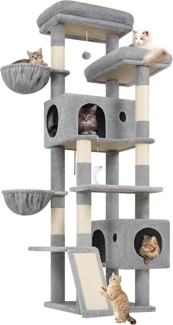 Globlazer 77" Cat Tree for Large Cats, Tall Cat Tower with Scratching Board & Thickened Stable Base, Skin-Friendly Multi-Level Activity Center for Multi-Cat Household, Maine Coon, S77C,Light Grey