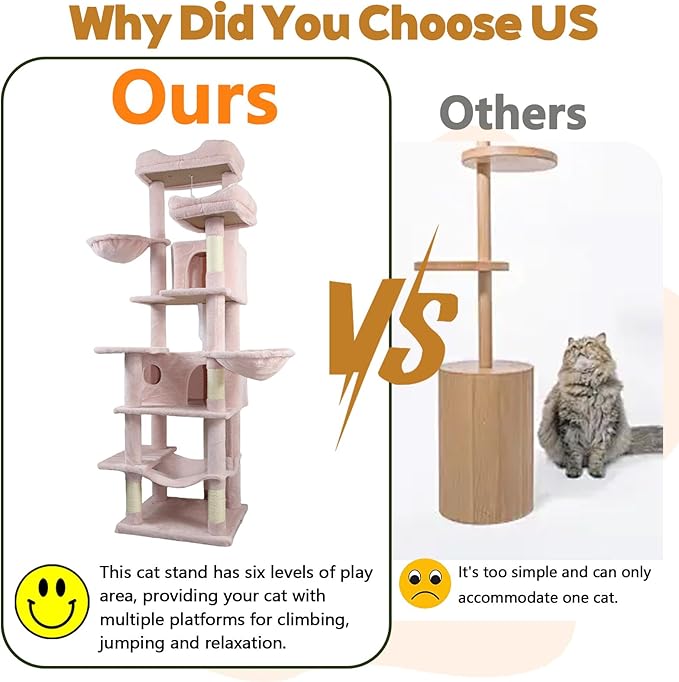 Anwick 68" Tall Cat Tree Tower with Scratching Posts, Cat House with Hammocks, Cat Condos for Indoor Cats, Removable Cushions, Multi-Level Cat Playground (Pink)