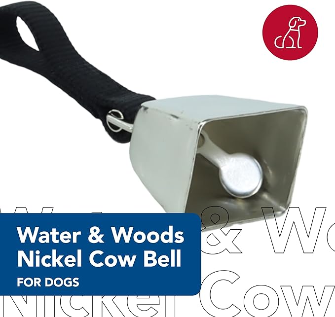 Water & Woods Nickel Cow Bell for Dogs by Coastal Pet - Durable Noise Maker - Easy Attachment - Nickel-Plated Material with Nylon Handle - Black, Small