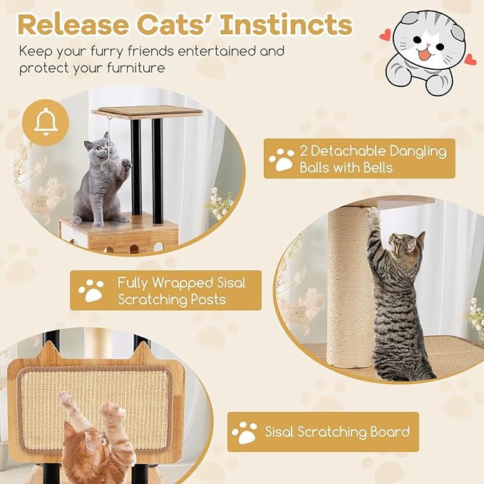 Tangkula Modern Cat Tree, Tall Multi-Level Cat Tower with Double Condos, Jumping Platforms, Dangling Balls, Sisal Carpets & Scratching Posts, Wood Cat Tree Tower for Indoor Cats
