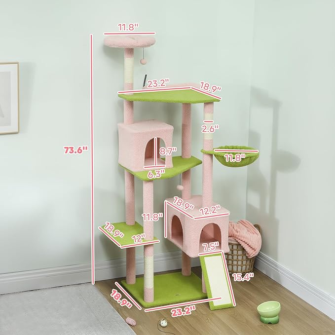 PawHut Flower Cat Tree, 74" Large Cat Tower for Indoor Kittens with 2 Spacious Condos, Sisal Scratching Posts, 2 Hanging Balls, Perches, Ramp, Bed, Pink