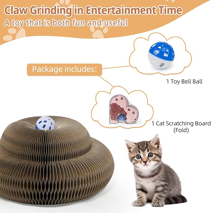Kitty kurlz cat Toy Magic Organ Cat Scratching Board with Bell Ball,Foldable Accordion Kitty Curls Cat Scratcher,marlenes Kitty kurlz Interactive Toy for Indoor Cats,Pink