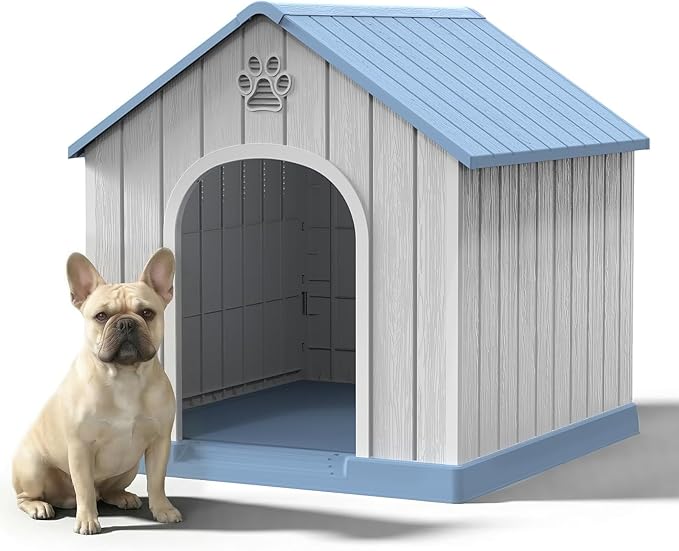 Small Dog House Indoor，Weatherproof Resin Outdoor Dog House with Elevated Floor and Air Vents, Medium Small Dog Kennel Outside (Light Blue, 26.26" L×24.57" W×25.83" H)