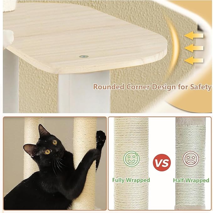Solid Wood 65" Cat Tree Modern, Multi-Level Cat Tower for Indoor Cats, Sturdy Cat Tower with Hammock, Cozy Condo, Scratching Posts & Ladder