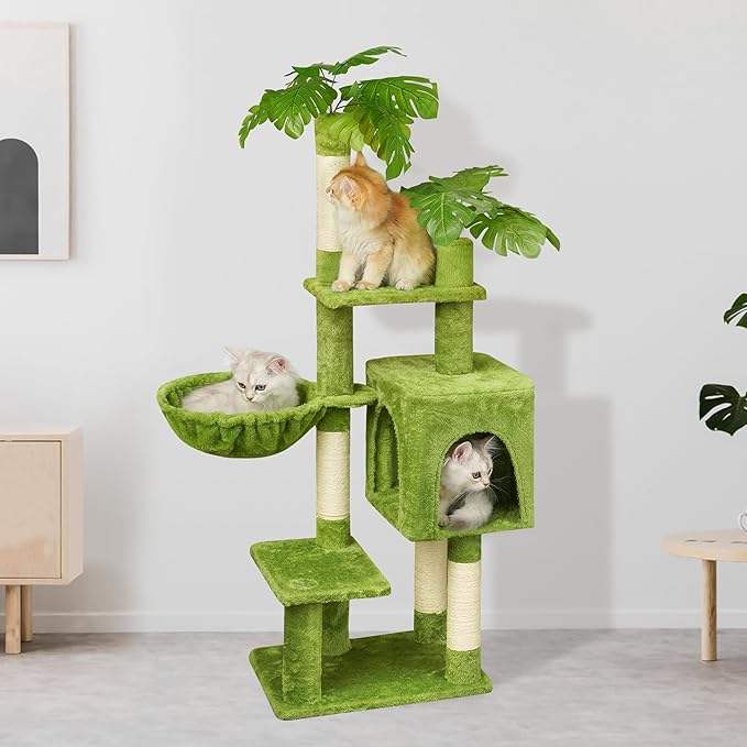 Green Tall Cat Tree 47-Inch for Kittens Under 6 Months 9lbs, Cat Tower for Small Cats - Scratching Post, Plush Hammock, Double Condos & Dangling Toys