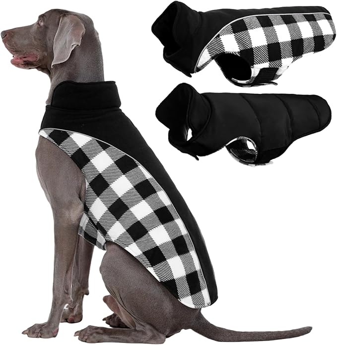 Kuoser Dog Winter Coat, Reversible Waterproof Dog Jacket with Leash Hole, Warm Dogs Fleece Vest Adjustable Doggy Cold Weather Clothes Plaid Christmas Outfit Pet Apparel for Extra Large Dogs, Black 3XL